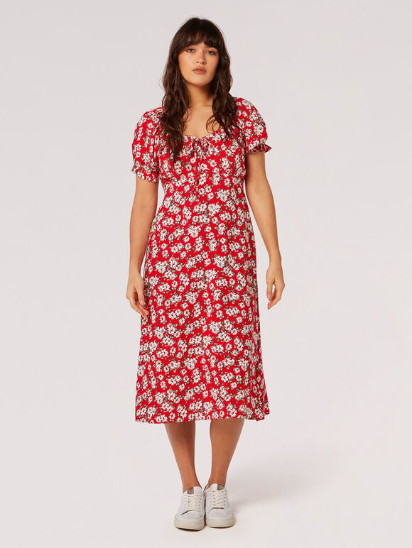 Daisy Floral Midi Dress, Red, large