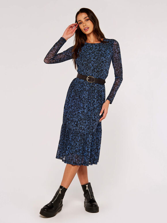 Floral Print Midi Dress, Blue, large