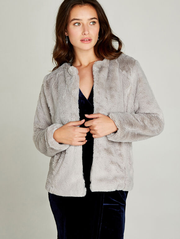 Faux Fur Short Crop Jacket, Light Grey / Silver, large
