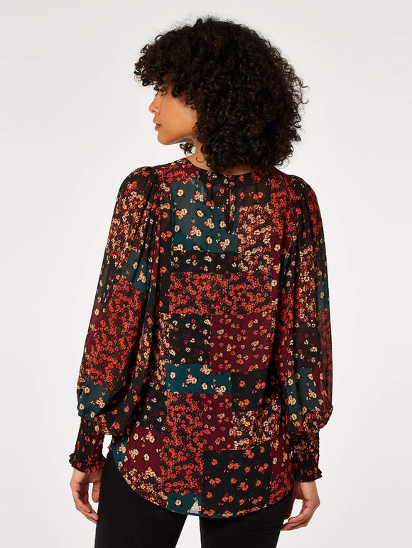 Patchwork Ditsy Floral Top, Black, large