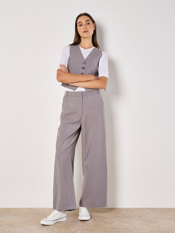 Pinstripe Wide Leg Trousers, Grey, large