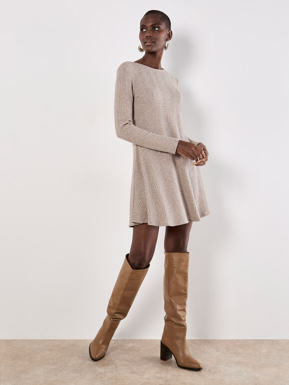 Waffle Knit Swing Mini Dress, Stone, large