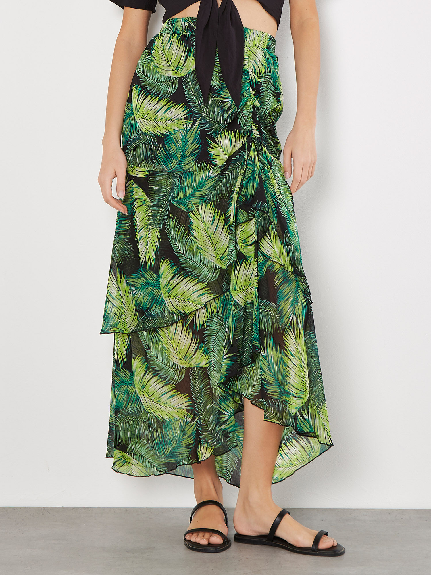 Tropical Leaf Chiffon Tiered Maxi Skirt Apricot Clothing
