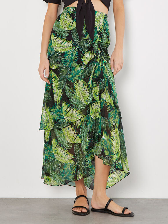 Tropical Leaf Chiffon Tiered Maxi Skirt, Green, large