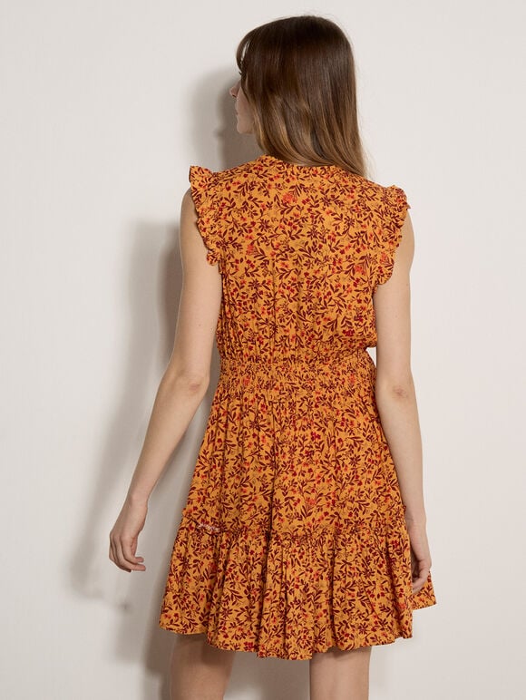 Ditsy Floral Ruffle Mini Dress, Mustard, large