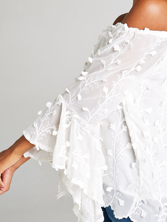 Floral Vine Embroidered Bardot Top, Cream, large