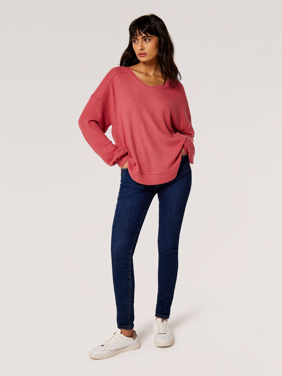 Oversized Waffle Knit Top, Pink, large