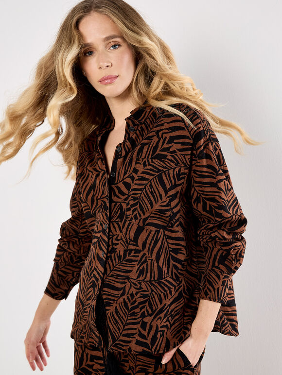 Linen Mix Leaf Print Shirt, Brown, large