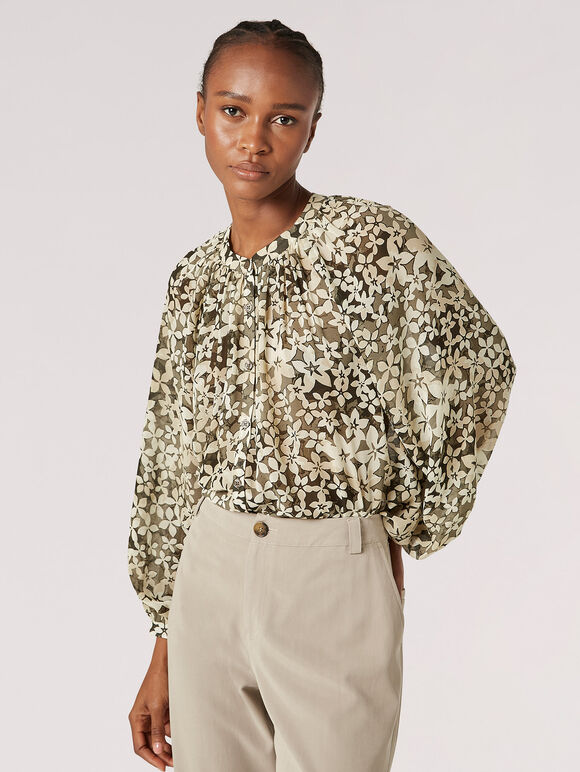 Floral Silhouette Chiffon Blouse, Khaki, large