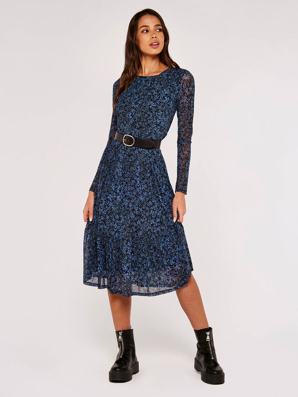 Floral Print Midi Dress, Blue, large