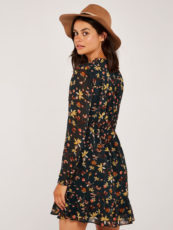 Painterly Floral Ruffle Mini Dress, Green, large