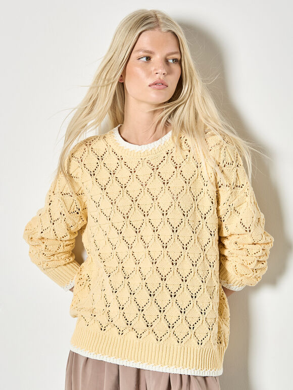Pointelle Knit Blanket Stitch Jumper, Yellow, large
