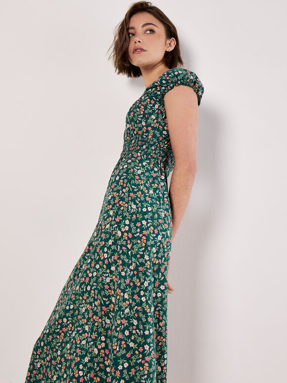 Garden Floral Milkmaid Midi Dress, Coral, large