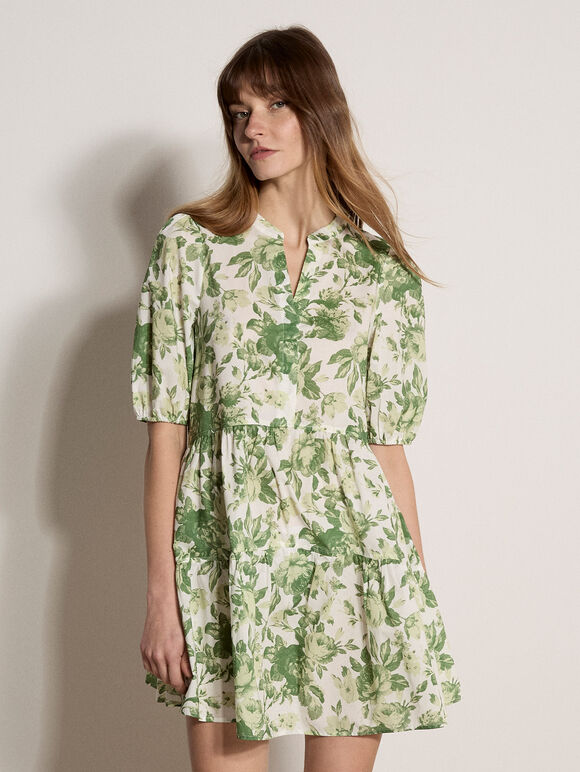 Floral Print Cotton Mini Dress, Green, large