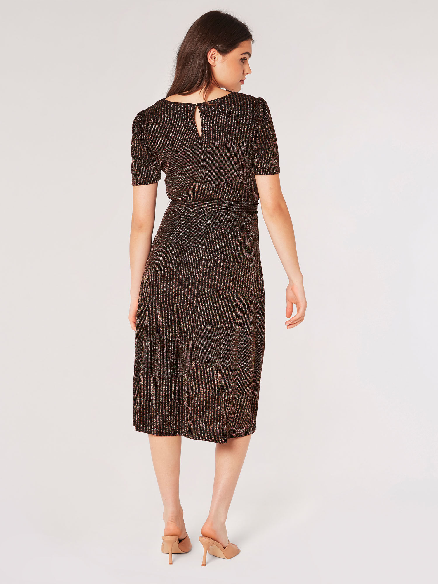 Ribbed Lurex Midi Dress Apricot Clothing