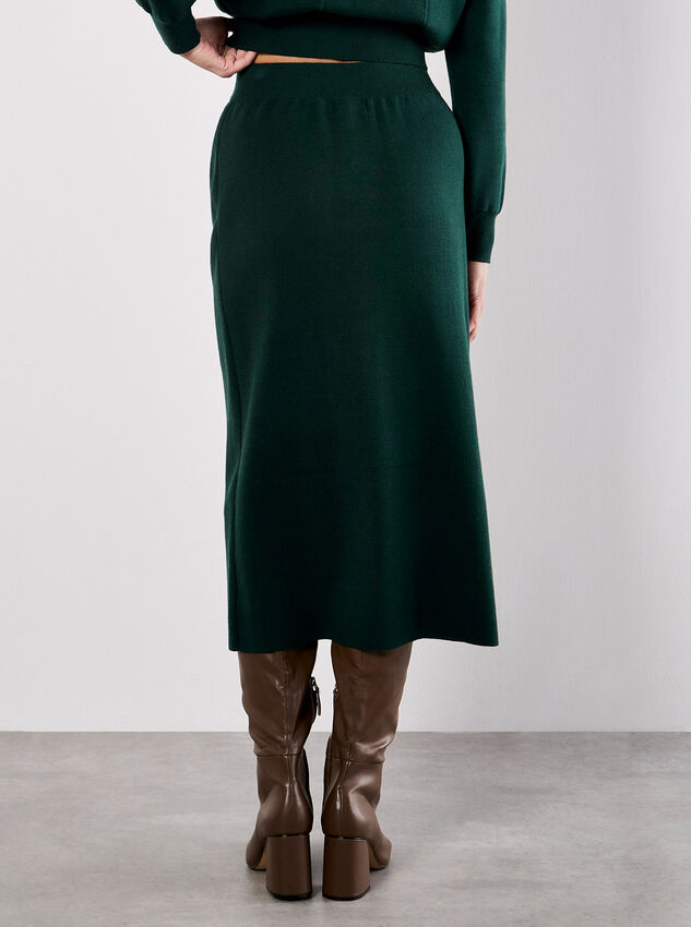 Ribbed Knit Button-Down Midi Skirt, Green, large