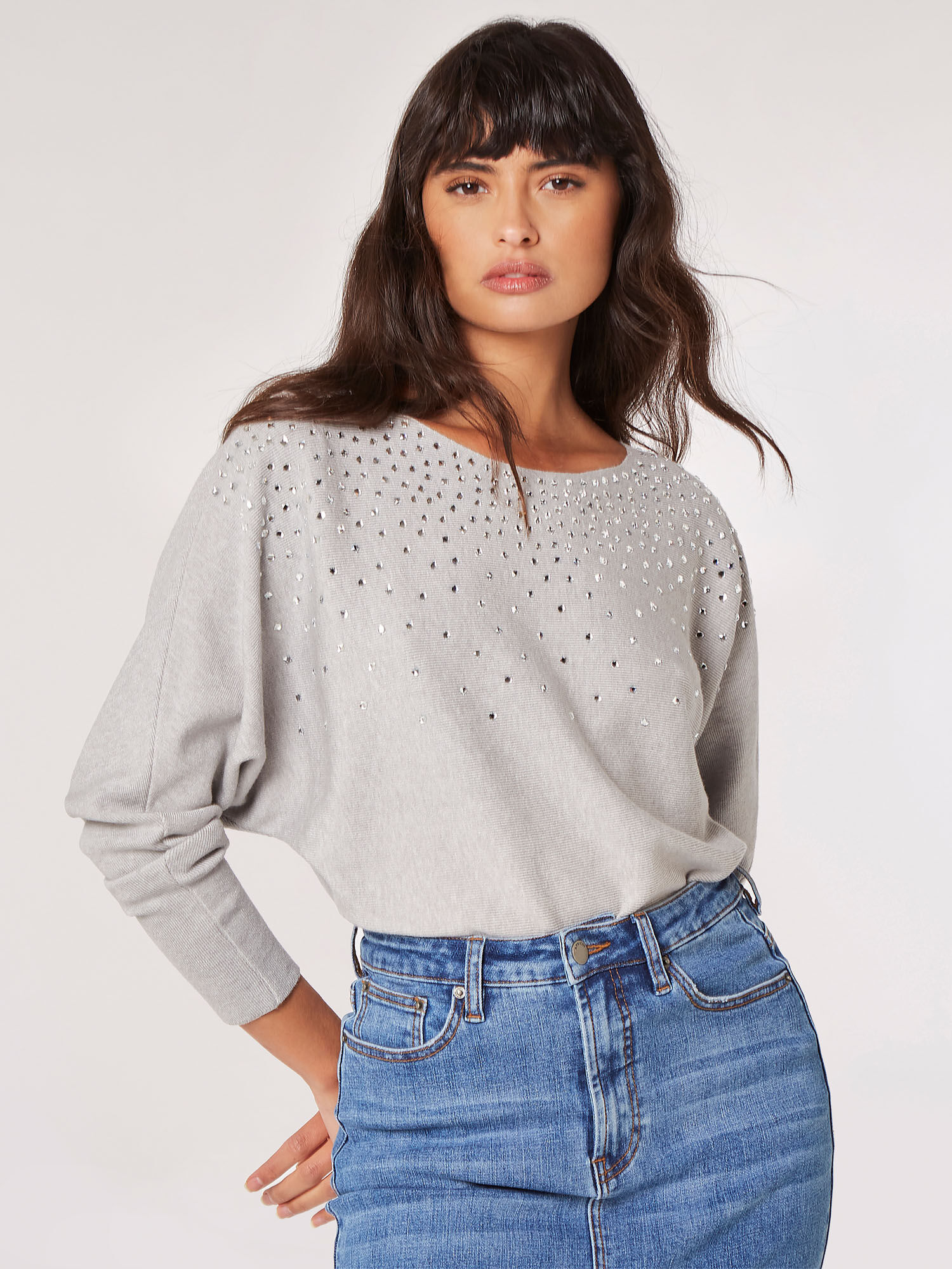 Gem Embellished Batwing Jumper Apricot Clothing