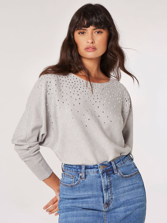 Gem Embellished Batwing Jumper, Grey, large