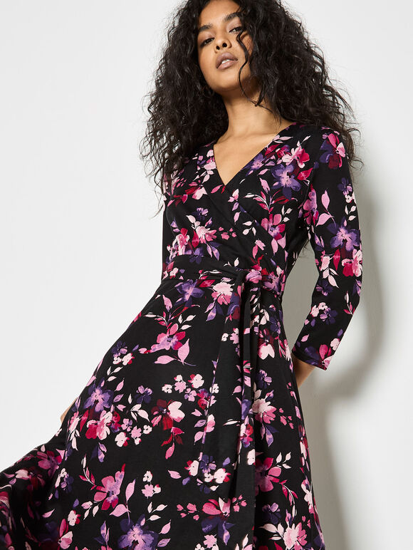 Ombre Floral Wrap Maxi Dress, Black, large