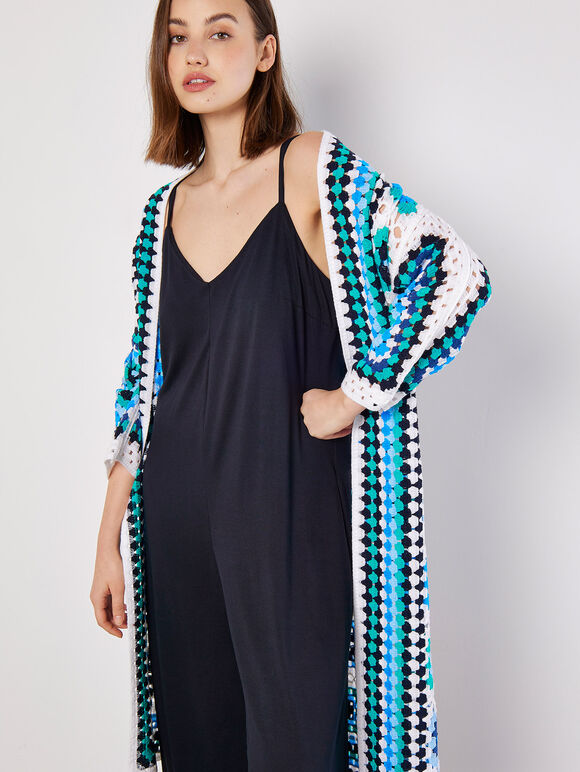 Crochet Squares Longline Cardigan, Navy, large