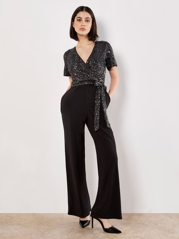 Chevron Sequin Wide Leg Jumpsuit, Dark Grey - Charcoal, large