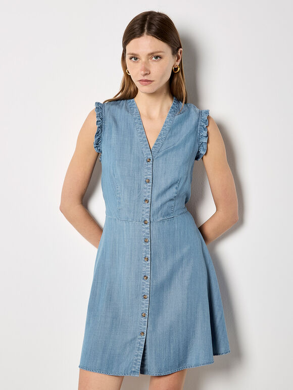 Ruffle Button-Down Mini Dress, Blue, large