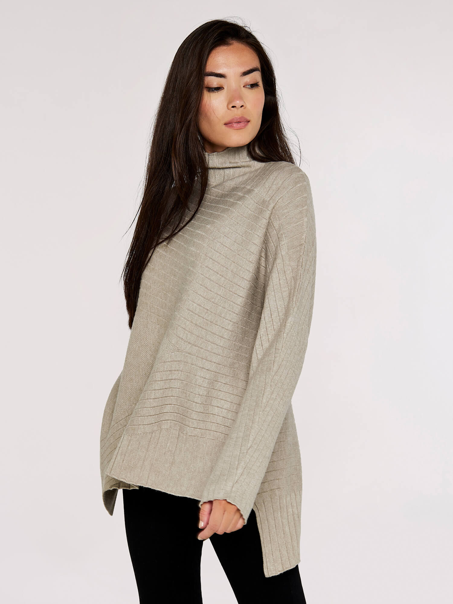 Waffle Assymetrical Hem Jumper Apricot Clothing