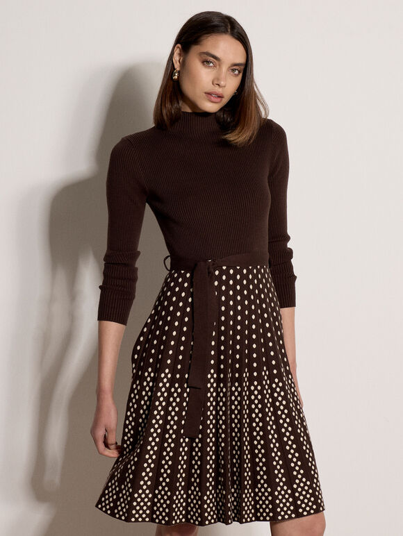 Ribbed Knit Polka Dot Midi Dress, Brown, large