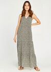 Ditsy Open V Neck Tiered Maxi Dress, Khaki, large