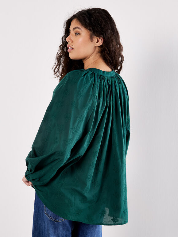 Floral Embroidered Cotton Shirt, Green, large
