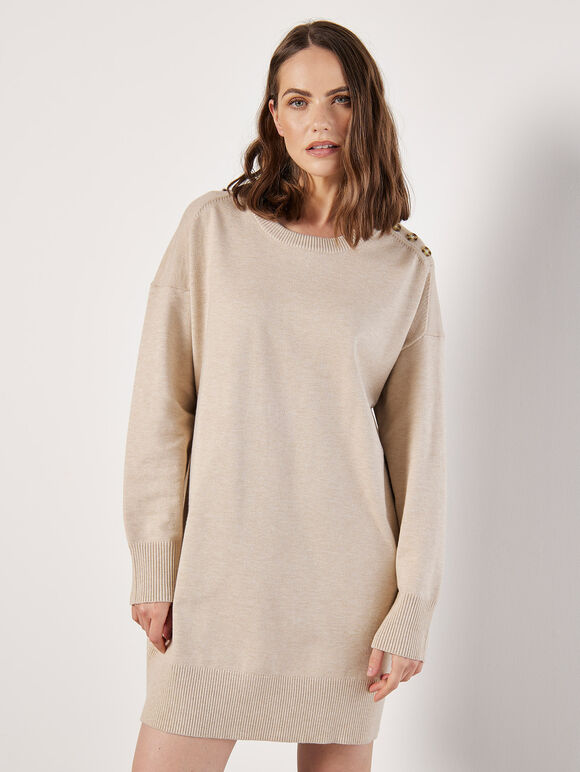 Button Detail Jumper Mini Dress, Stone, large