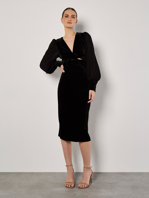 Velvet Twist Bodice Midi Dress, Black, large