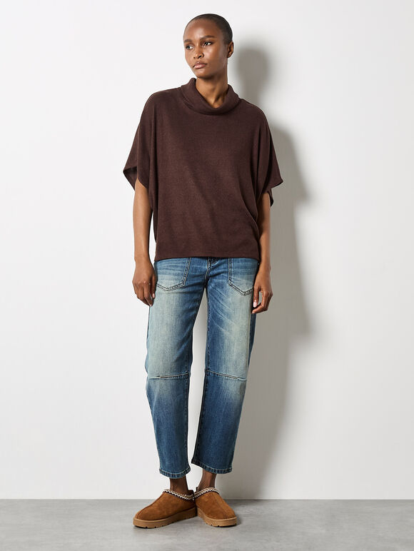 Roll Neck Ribbed Cape, Brown, large