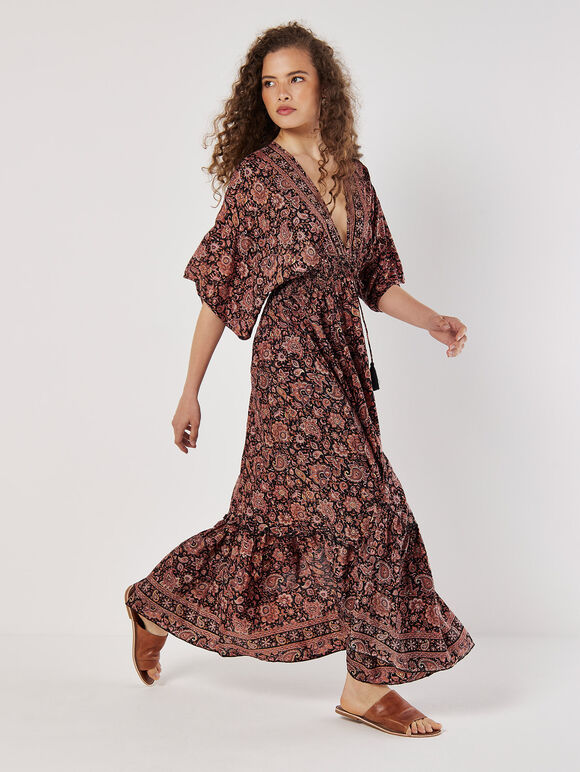 Foil Floral Paisley Satin Maxi Dress, Black, large