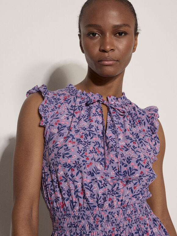 Ditsy Floral Ruffle Mini Dress, Purple, large