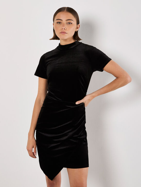 Velvet Ruched Mini Dress, Black, large