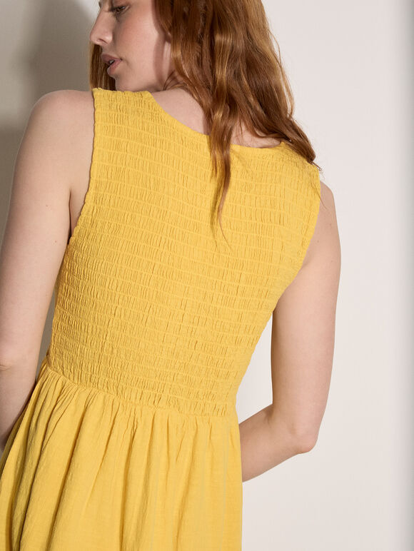 Embroidered Floral Tiered Maxi Dress, Mustard, large