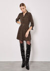 Petal Print Belted Shirt Mini Dress, Brown, large