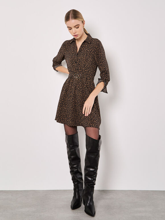 Petal Print Belted Shirt Mini Dress, Brown, large