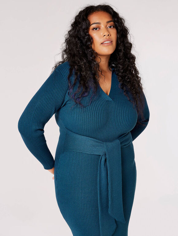 Curve Ribbed Midi Dress, Teal, large