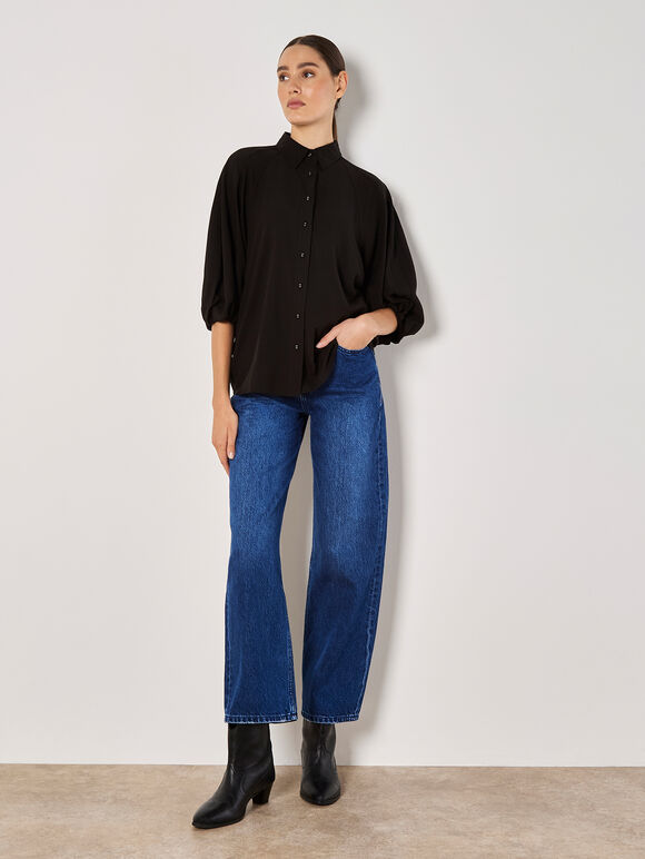 Seam Detail Puff Sleeve Shirt, Black, large