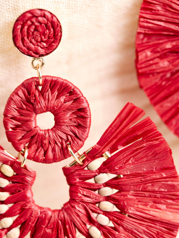 Raffia Fan Earrings, Red, large