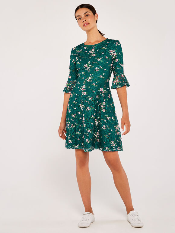  Blossom Lace Bell Sleeve Skater Dress, Green, large