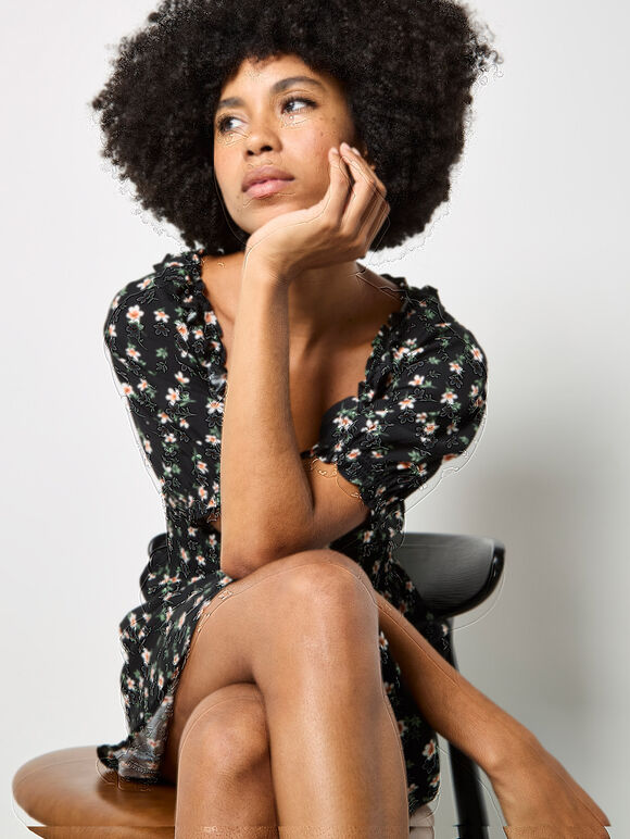 Floral Ruffle Milkmaid Mini Dress, Black, large