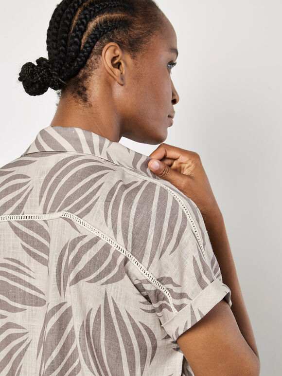 Linen Blend Shell Print Shirt, Stone, large