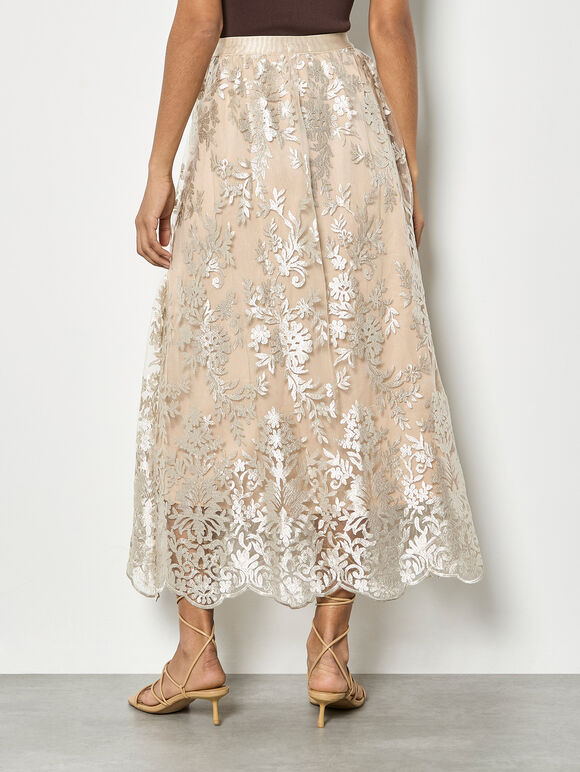 Shimmer Mesh Floral Embroidered Midi Skirt, Stone, large