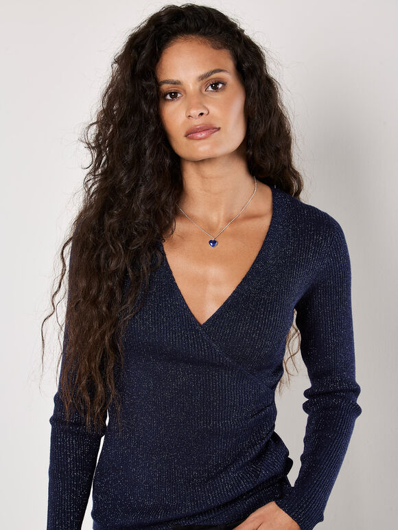 Ribbed Knit Sparkle Wrap Jumper, Navy, large