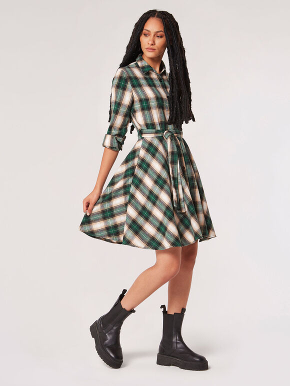 Check Shirt Skater Mini Dress, Green, large
