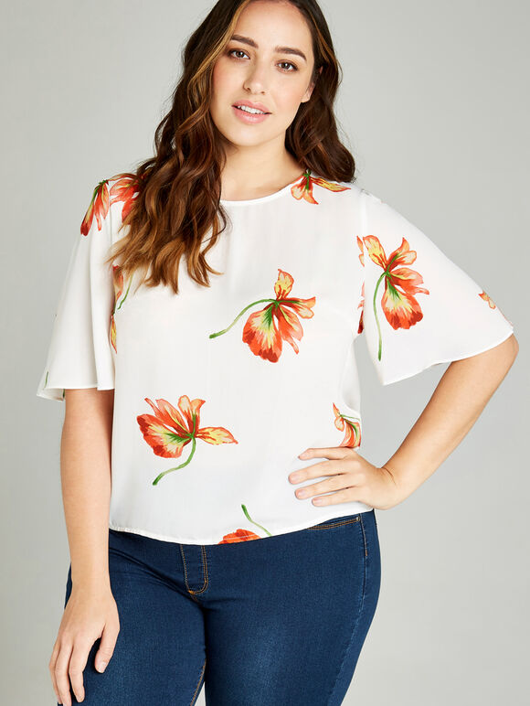 Kimono Sleeve Scattered Flower Top +, Orange, large