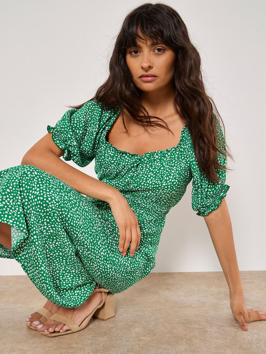Image of Spot Print Milkmaid Midi Dress